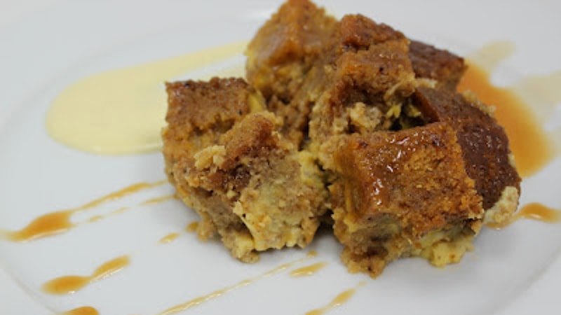 Pumpkin Bread Pudding with Spicy Caramel Apple Sauce and Vanilla Bean Creme Anglaise