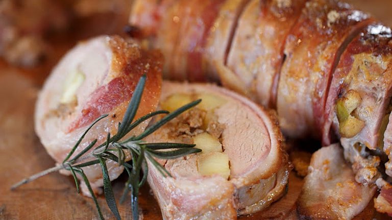 Bacon Wrapped Pork Tenderloin with Apple and Sausage Filling