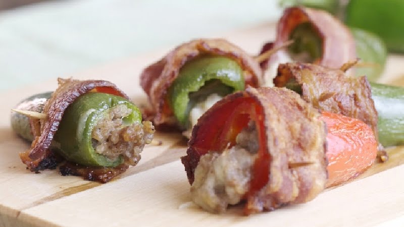 Bacon Wrapped, Sausage Stuffed Jalapeno Peppers